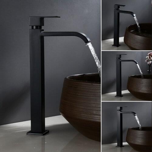 Bathroom Basin Faucets Stainless Steel Waterfall Tall Sink Vessel Tap Single Cold Water Tap Matt Black Single Handle Deck Mount
