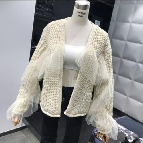 Amolapha Woman Knitted Cardigans Sweaters Mesh Patchwork Ruffled Long Sleeve Loose Jacket Coats for Women