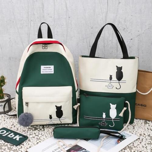 4Pcs/Set Panelled Women Backpack Canvas Cat Pattern School Bag For Girl Patchwork Backpack Female Shoulder Bag