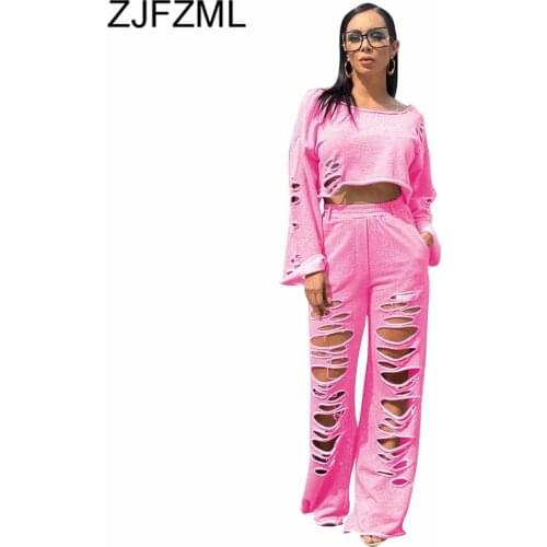 Casual Workout Two Piece Sweatsuit Fall Clothes for Women Long Sleeve Loose Crop Top and Hole Hollow Wide Leg Pant Streetwear