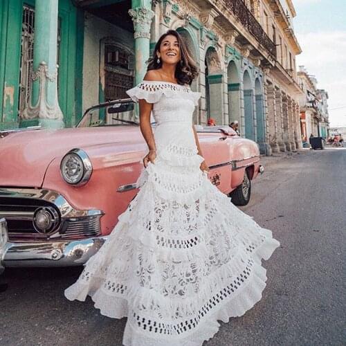 Boho Women Maxi Dress Off Shoulder Holiday Lace Hollow Out Sundress Solid Party Long Dress Elegant vestidos de festa Dresses NEW