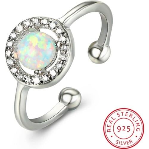 Cute Female White Fire Opal Round Ring Minimalist Real 925 Sterling Silver Wedding Rings For Women Promise Love Adjustable Ring
