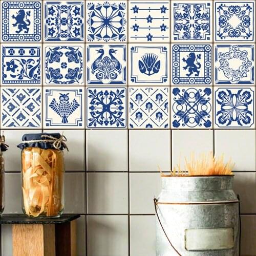 3D Mediterranean Style Retro Tile Floor Sticker Kitchen Bathroom Waist Line Wall Stickers Waterproof Poster Home Decor Art Mural