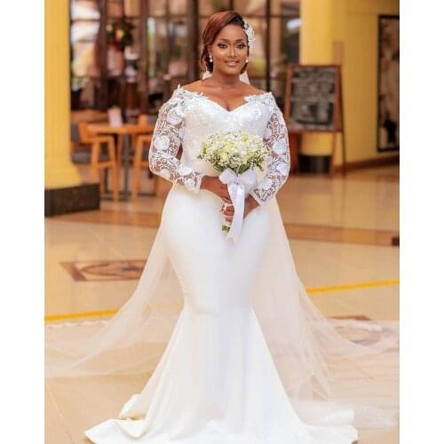 KapokDressy Plus Size Arabic Mermaid Lace Sexy Wedding Gowns V-neck Long Sleeves Simple Custom Made Bridal Dresses