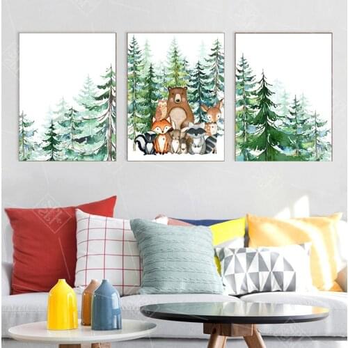 Woodland Animal Print Nursery Wall Art Painting Nordic Poster Cartoon Canvas Painting Fox Deer Bear Wall Picture Kids Room Decor
