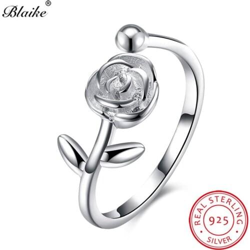 Blaike 100% Solid S925 Sterling Silver Womens Ring Rose Flower Leaf Charm Opening Wedding Rings For Girls Adjustable Jewelry
