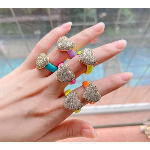 5Pcs Zircon Heart Enamel Neon Mix Color Available Women Finger Ring Copper Gold Plated Chunky Open Ring Female Jewelry Gift