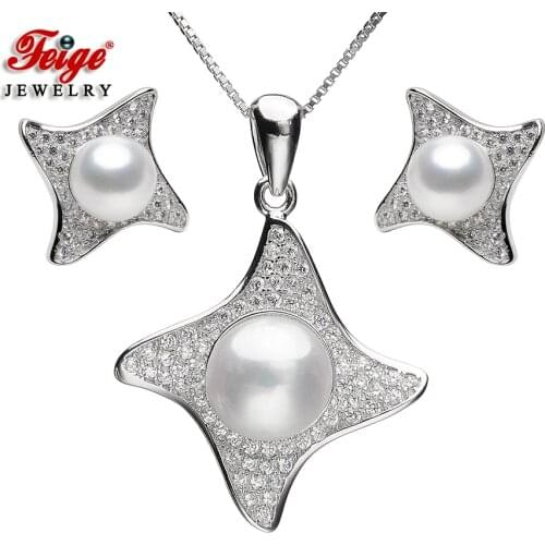 FEIGE Star-shaped Pearl Jewelry Sets White Freshwater Pearl Pendant Necklace And Earrings Sets 925 Sterling Silver Fine Jewelry