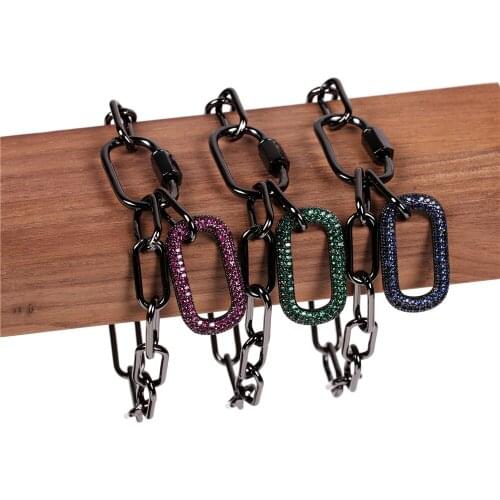 EYIKA Fashion Black Punk Cable Chain With Rectangular Carabiner Bracelet Mix Color Zircon Pendant Bangle Jewelry for Men/Women