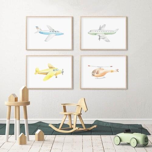 Cartoon Airplane Helicopter Poster Nursery Wall Art Canvas Painting Print Pictures for Baby Boy Room Decorative