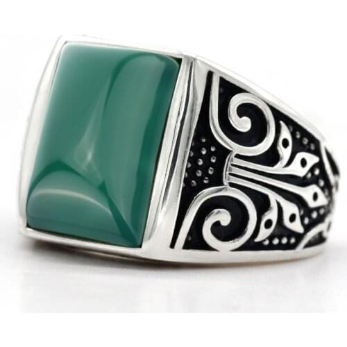 925 Sterling Silver Men Ring with Natural Green Agate Stone Finger Ring Turkey Handmade Gemstone for Men Women Fine Jewelry