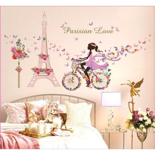 Wall Stickers Flower Fairy Bicycle Paris Tower Butterfly Girl Wall Decal Home Decoration Bedroom Living Room Art Poster Sticker
