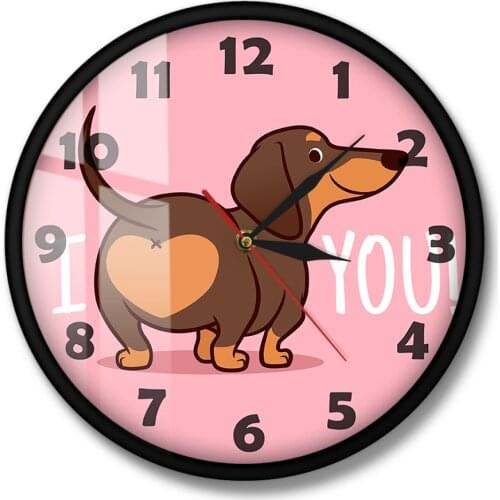 Funny I Love You Heart Sausage Dog Dachshund Puppy Dog Pink Wall Clock Butt Design Home Decor Silent Wall Watch Dog Lovers Gift