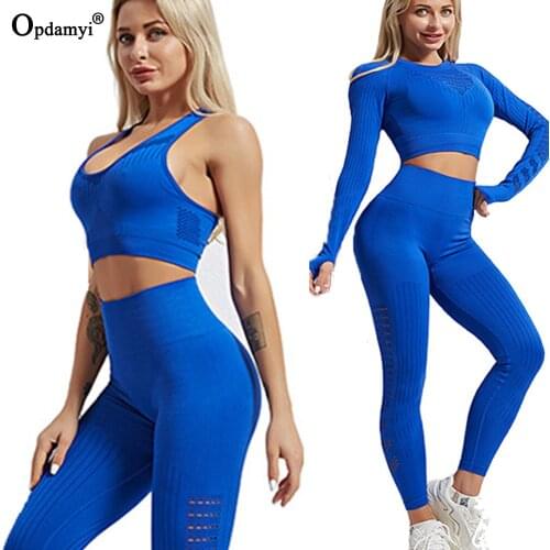 New Yoga Sets Women Gym Clothes Sportswear Seamless Leggings Long Sleeve Crop Top Sports Bra Fitness Workout Running Sports Suit