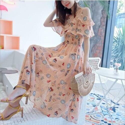 New Womens Summer Floral New Chiffon Long Korean Temperament Fairy Strap Dress