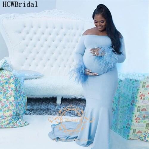 Mint Blue Long Sleeves African Evening Dress For Pregnant Women With Feather Off The Shoulder Plus Size Black Women Prom Gowns