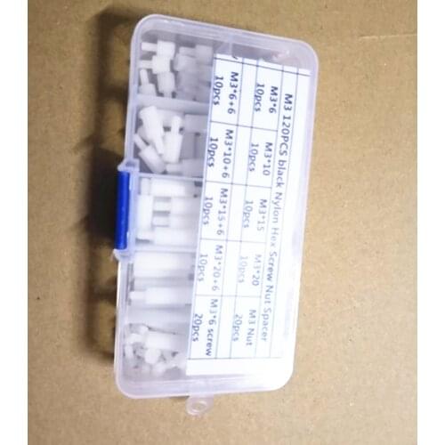 120pcs/box M3 Nylon Hex Thread Standoff Spacers Screw/ Nut Assortment Kits Plastic Screws M3*6 to M3*20