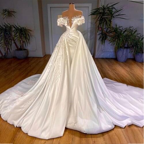 Luxury Overskirt Wedding Dresses with Detachable Train Satin Beaded Arabic Bridal Gowns Off the Shoulder Robe De Mariée