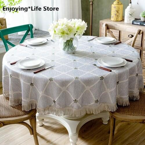 Luxury Table Cloth Round Table Cover Leaves Embroidered Wedding Party Home Tablecloth Cotton Linen Tablecloths with Tassel