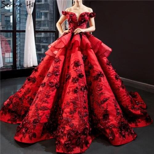 Serene Hill Latest Red Off Shoulder Sexy Wedding Dress 2019 Design Handmade Flowers Pearls Bridal Gown Custom Made CHM66878