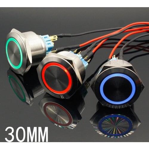 30mm 6V 12V 24V 220V Blue Ring Led Light Momentary/Locking Push Button Switch DPST Metal Industrial Boat Car DIY Switch