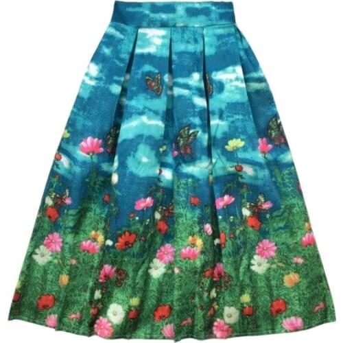 BunniesFairy 2021 Summer Runway High Street Women Butterfly Animal Flower Floral Print High Waist Pleated Midi Skirt Blue Saia