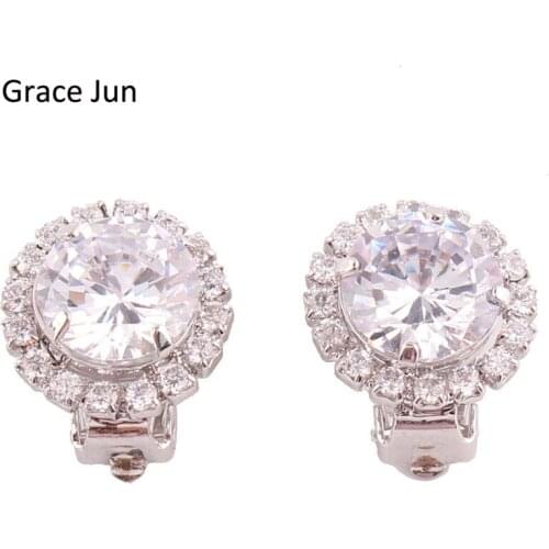 Grace Jun Luxury Bridal Earring AAA Cubic Zircon Clip on Earrings Without Piercing for Women Party Fashion Jewelry Accessories