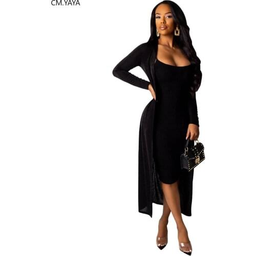 Winter Women Set Sleeveless Strap Dress+long Sleeve Long Cape Night Club Tracksuits Two Piece Suit Street Sexy Bandage YM-8520