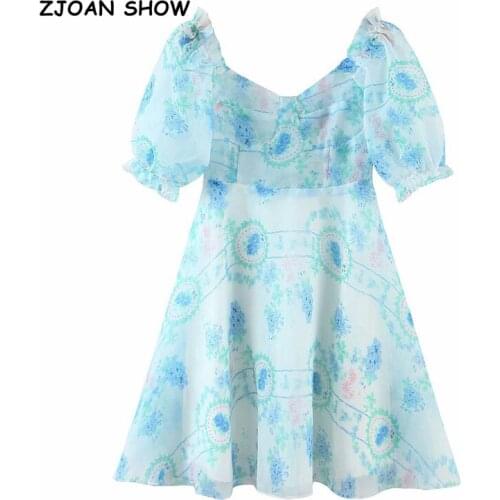 2021 Summer Blue Color Floral Print Organza Ball Gown Dress Puff Sleeve Retro Women Swing Short Dresses Sweet A line Vestidos