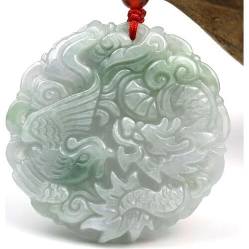 Women Necklace Pendant Burma Jade Glass AAA 3D Carved Dragon Phoenix Pendant Gift for Male Female Fine Jewelry