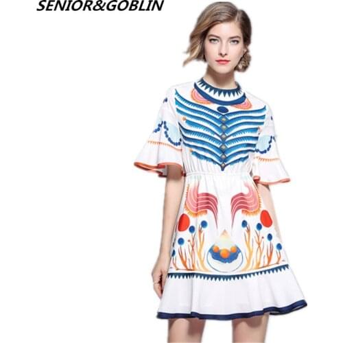 S-XXL New 2019 Summer Designer Runway Dress Womens Flare Sleeve Vintage Dress Autumn Casual Artificial Silk Sexy Mini Dress