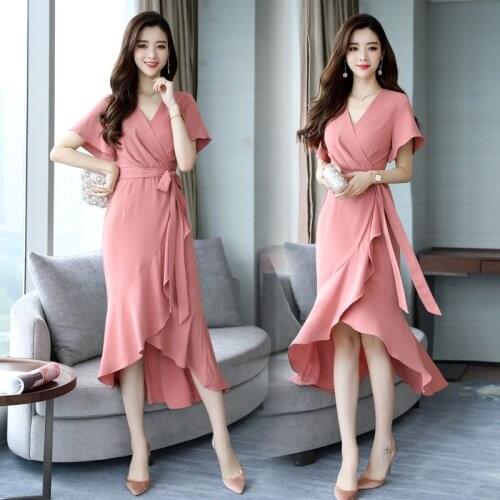 Summer Women Fishtail Dress New Korean Sexy V-neck Slim Lace-up Irregular Midi Dress Elegant Ladies Party Dresses Women Clothing