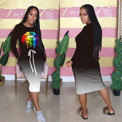 Casual Gradient Long Sleeve Dress with Pockets Women Fashion Lip Pinted Dresses Fall Spring Clothings Drawstring Y2k Streetwear