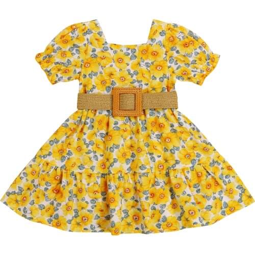 2021 0-5Y Summer Kids Girls Denim Dress Boho Floral Print Short Sleeve Pleated Yellow Long Dress With Wide belt Holiday Sundress