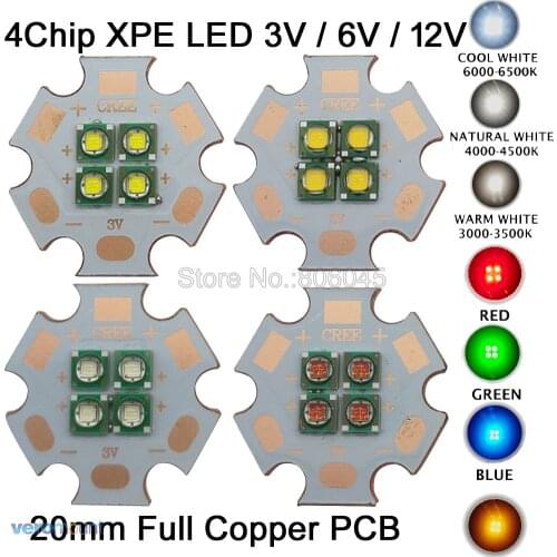 5pcs Cree XPE XP-E 4 Chips 4-12W LED Emitter Car Light Red Green Blue Yellow White Warm White LED with 20mm 3V 6V 12V Cooper PCB