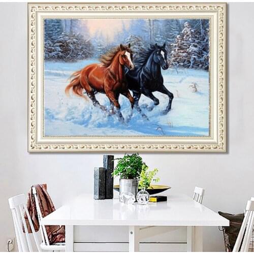 5D Full Drill DIY Round Diamond Painting Horse Pattern Canvas Wall Picture Housewarming Gifts - 30x20cm