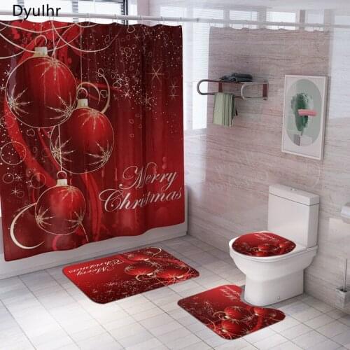 Bathroom Accessories Merry Christmas Printed Polyester Waterproof Shower Curtain Toilet Seat Mat Floor Mat Christmas BathroomKit