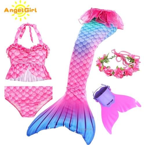 AngelGirl Mermaid Tail Princess Swimable Children Mermaid Suit With Flipper Cosplay Fantasy Holiday Beach Bikini Summer Dress