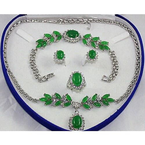 Free Shipping Fine real new Fashion Cubic Zirconia Trendy Jewelry 100% womens set green JADE silver crystl Earring Bracelet Ne
