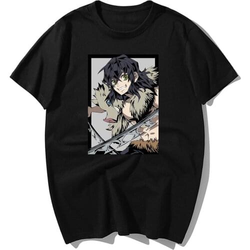 Fashion Japanese Anime Demon Slayer T Shirt Men Cool Hashibira Inosuke Print T-shirts Mens 100% Cotton Tops Harajuku Streetwear