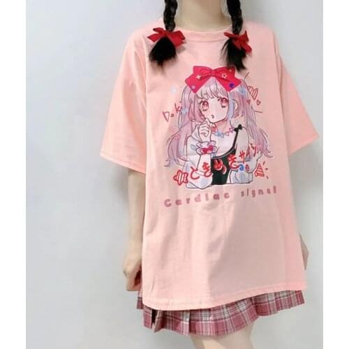 Cute Cartoon Anime Harajuku Pink Girl Gothic Kawaii Casual Short Sleeve TShirts Ulzzang Loose Summer Women Oversized T-shirt Y2k