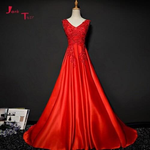 Jark Tozr New Arrive Formal Gowns Long V-neck Backless Beading Appliques Flowers Red Satin Evening Dresses Vestido De Festa