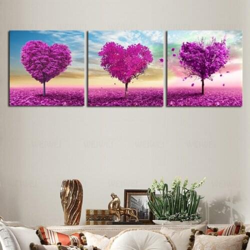 Paintings On Canvas Wall Art Framework Home Decor 3 Pieces Loving Trees Pictures Living Room HD Prints Purple Heart Trees Poster
