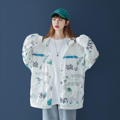 Nice New Vintage Streetwear Hooded Jacket Harajuku BF Womens Summer Sunscreen Printed Coat Hoodie Zipper Thin Jacket