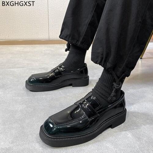 Penny Loafers Men Dress Shoes Men Square Toe Patent Leather Shoes Man Fashion Black Party Shoes for Man 2021 Zapatos De Hombre