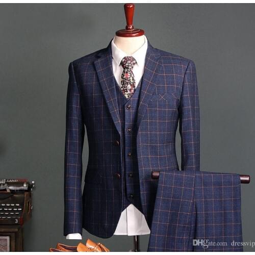Navy Check Slim Fit Mens Suits Groom Tuxedos Wedding Grooms Three Pieces (Jaket+Vest+Pants) Formal Occasion Wear Prom Suit