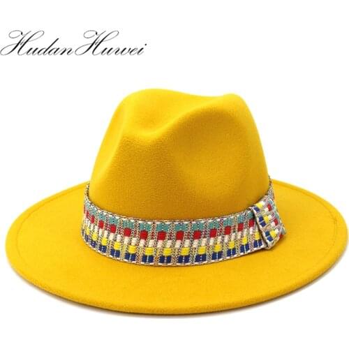 New Fashion Autumn Winter Woolen Felt Fedora Hat Jazz Panama Flat Wide Brim Church Hats Women Men Red Black White Caps