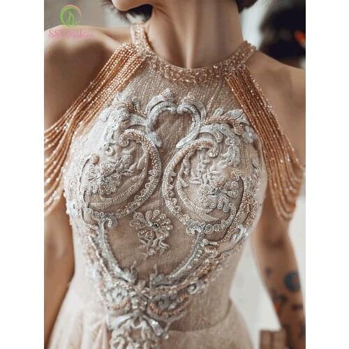 SSYFashion New Luxury Champagne Evening Dress Sexy Halter Crystal Tassel Beading Long Formal Gowns for Women Vestidos De Fiesta
