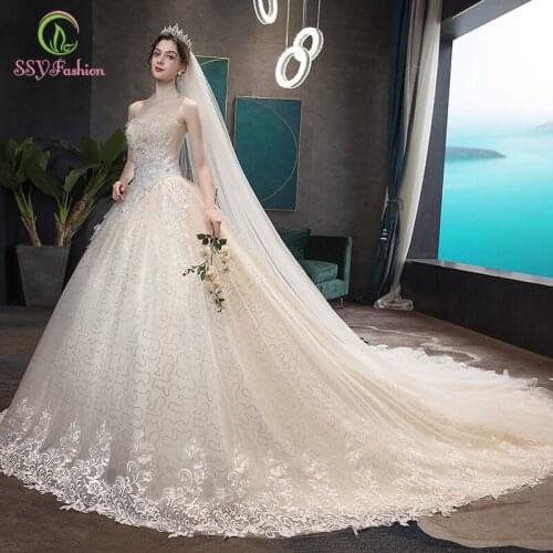SSYFashion New Luxury Champagne Wedding Dress Bride Married Romantic Lace Appliques Beading Long Wedding Gowns Vestido De Noiva