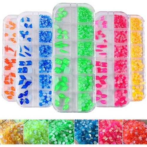 1 Box Multi Size Glass Rhinestones Mixed Shape Flat-back fluorescence Colors 3D Charms DIY Tips Manicure Nail Art Decorations